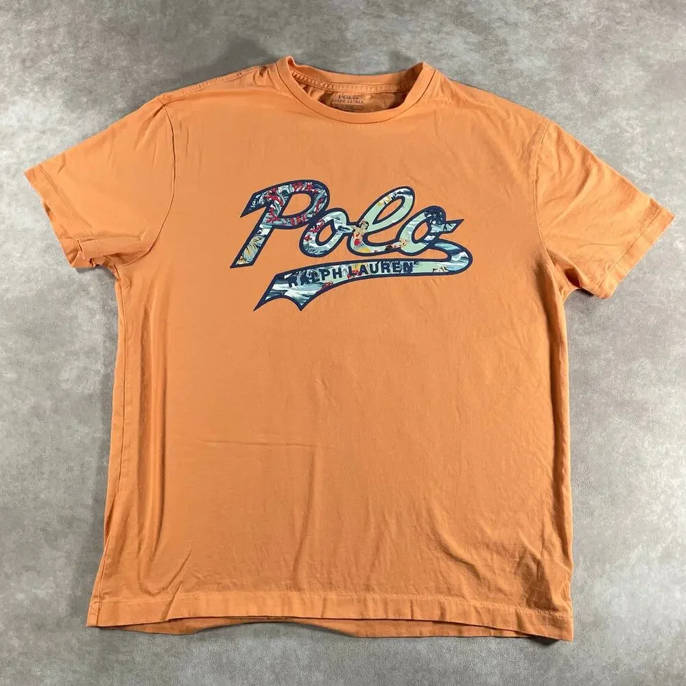 Polo Ralph Lauren Mens T-Shirt Medium Orange Hawaiian Tropical Logo Graphic Tee